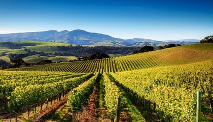 Vineyard rows stretch towards the distant mountains under a blue sky.