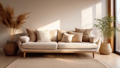 Fototapeta premium A minimalist living room with a light beige couch and matching rug, perfect for relaxing.