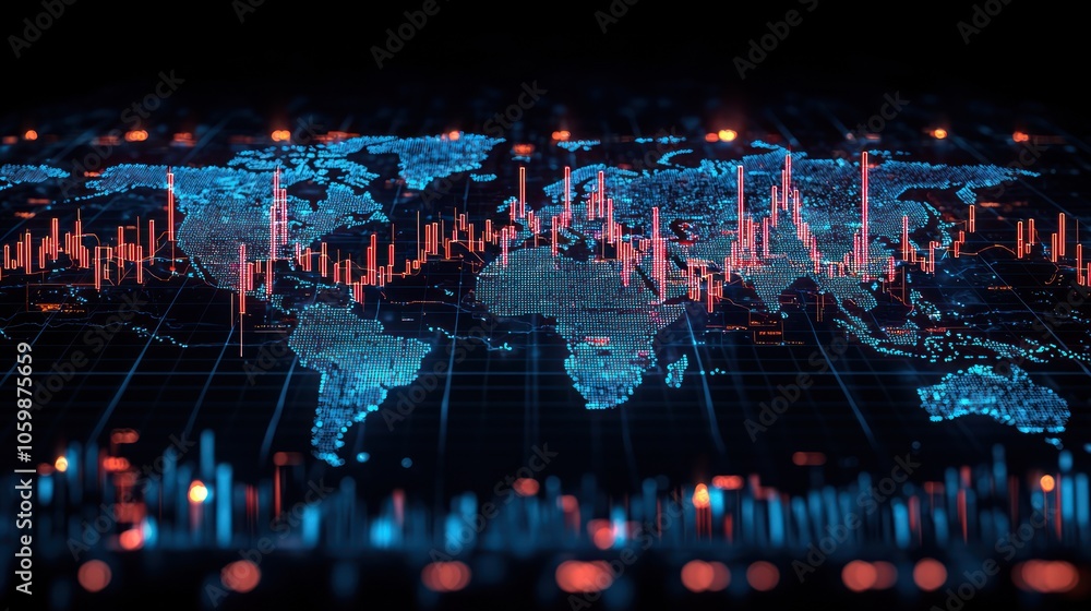 Fototapete A 3D Digital Map of the World with Data Visualizations
