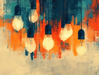 Vibrant Hanging Light Bulbs Against a Textured Colorful Background Creating a Warm Atmosphere