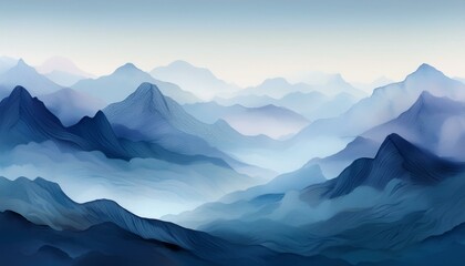Obraz premium A misty mountain range in shades of blue, evoking a sense of peace and tranquility.