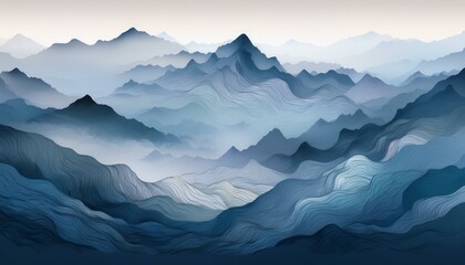 A serene landscape of misty, blue mountains, creating a sense of calm and tranquility.