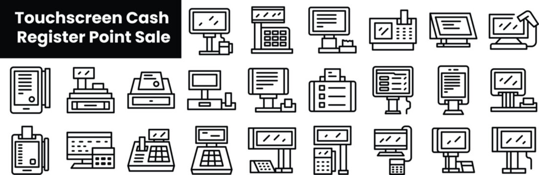 Set of outline touchscreen cash register point sale icons