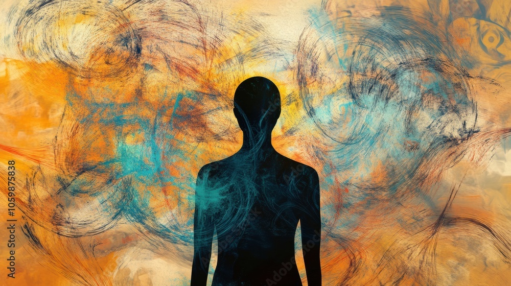 Poster A solitary figure is immersed in a blend of colorful swirls and patterns, reflecting creativity and introspection during twilight. Generative AI