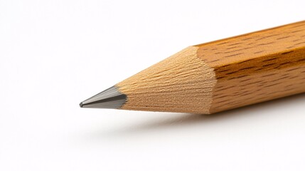 2410 135.A close-up of a pencil's wooden casing encasing a thin graphite core, lying on a clean, white background. The pencil's simple yet essential design is shown in detail, emphasizing its role as