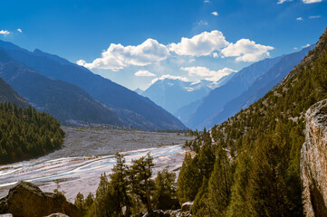 Landscape with rivers and mountains. Miyar Valley is a remote and scenic valley located in the Western Himalayas.[It is a part of the Lahaul Range, between Pir Panjal and Zanskar Range.