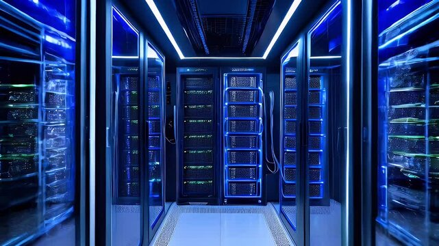 Blue lit server room with rows of servers.