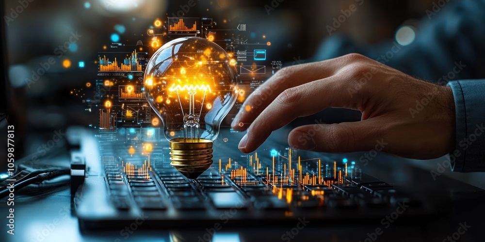 Aufkleber A Hand Hovering Over a Glowing Light Bulb on a Laptop Keyboard