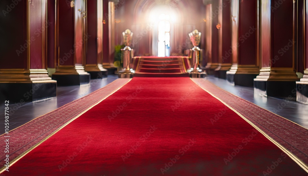 Wall mural a red carpet leads to a bright, open doorway in a grand hall.