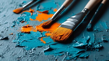 Fototapeta premium Brushes and Paint Swirls Creative Art Studio Close up