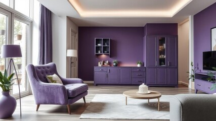 Fototapeta premium Grey armchair next to purple cupboard in violet room interior with table, armchair, interior design, furniture
