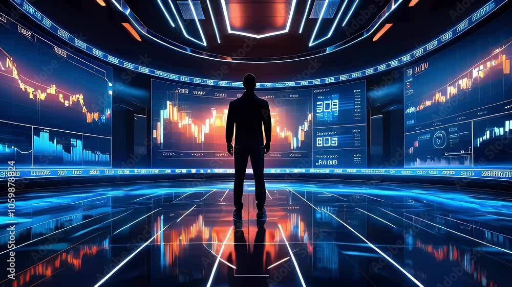 Poster a man in a suit stands in a futuristic room with glowing screens displaying graphs, charts, and data