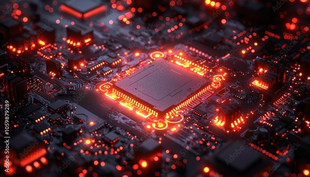 Aufkleber A Close-up View of a Computer Motherboard with Illuminated Circuitry