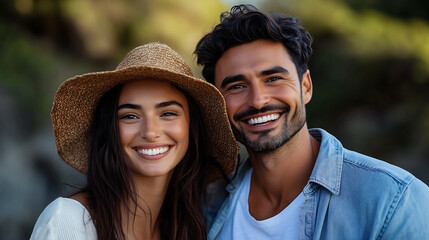 Fototapeta premium A joyful couple stands close together, smiling brightly at the camera, enjoying a sunny day outdoors. The woman wears a straw hat and both seem relaxed in a natural, green landscape.