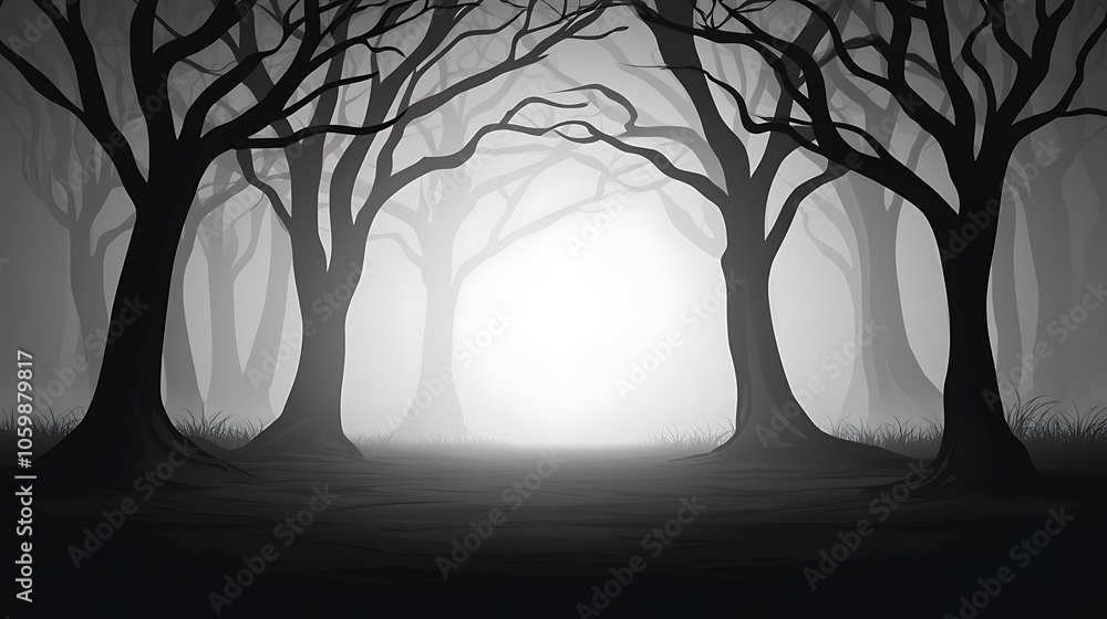 Poster a mysterious foggy forest scene with dark trees framing a glowing light in the background.