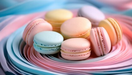 Obraz premium A colorful assortment of macarons on a pink and blue backdrop. The delicate pastries are a delightful treat for the eyes and taste buds.