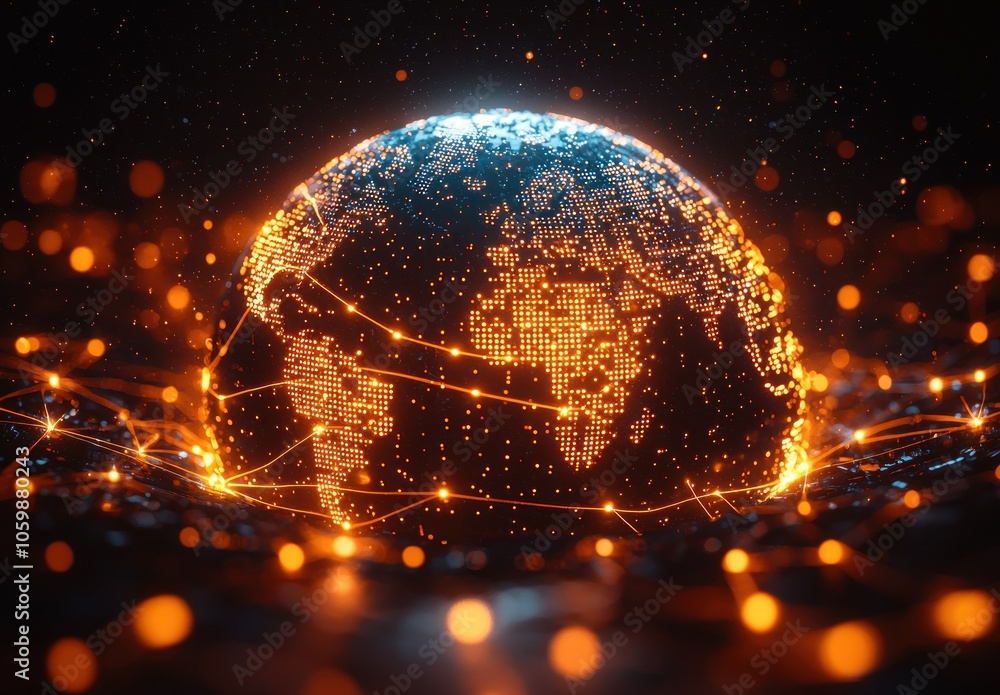 Poster illuminated earth globe with network connections and bokeh lights