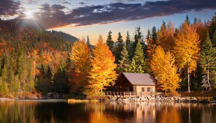 A cozy cabin nestled in the woods, surrounded by vibrant fall foliage, reflects on a tranquil lake.
