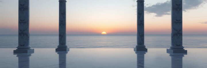 Obraz premium Interior background featuring marble columns with a 3D render of a sunset at sea, interior, sea, virtual