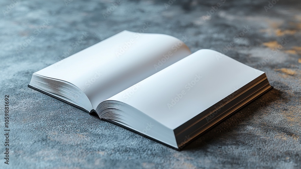 Poster open blank book on a grey textured surface