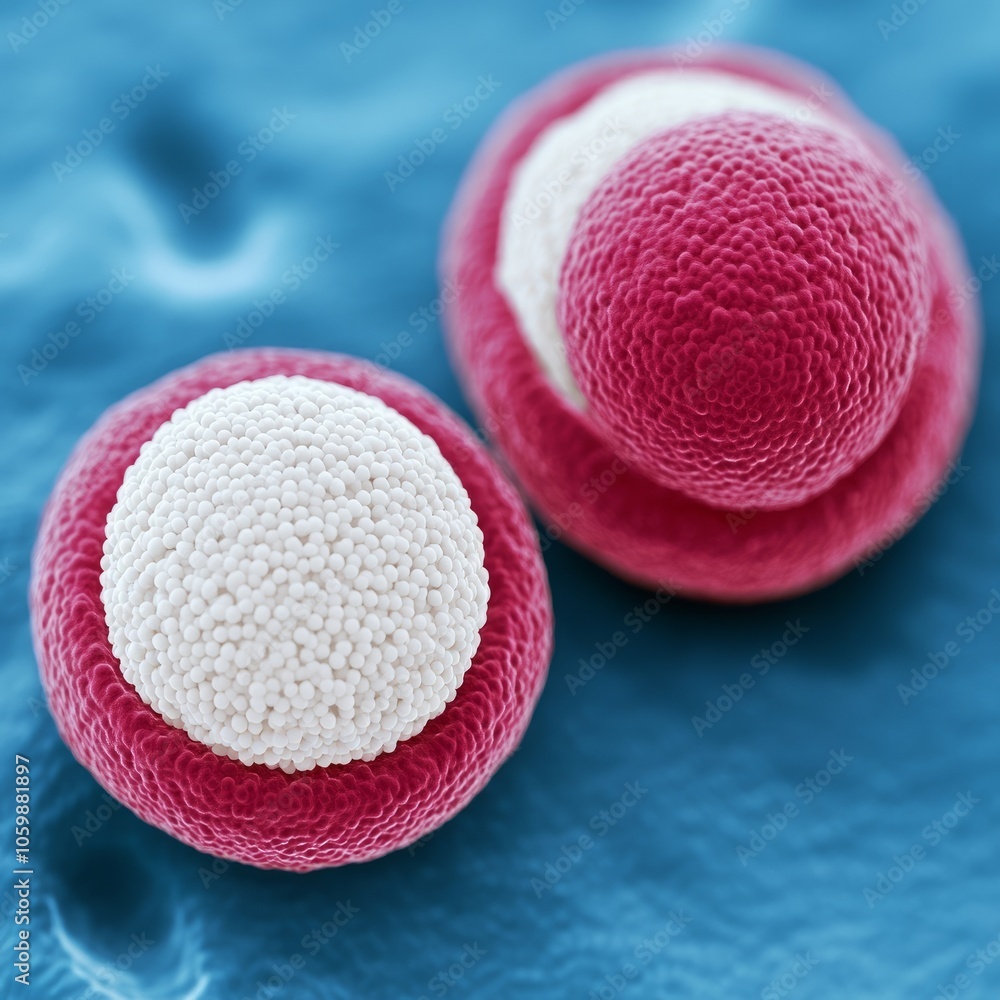 Poster two spherical cells with a white center and a pink outer layer.