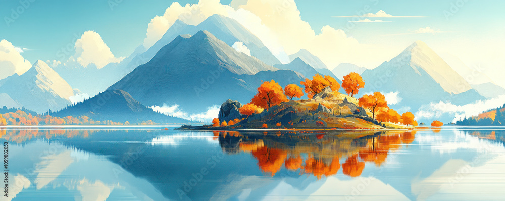 Poster a beautiful landscape with a mountain range in the background and a small island in the foreground. 