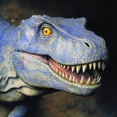 Obraz premium A close-up of a blue dinosaur's head with sharp teeth and yellow eyes.
