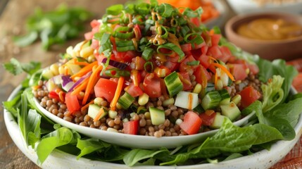 A mouthwatering buckwheat salad layered with tender mixed greens and a variety of diced vegetables all dressed in a honey mustard dressing.