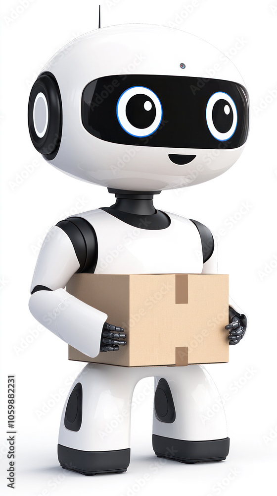 Aufkleber a robot is holding a cardboard box. the robot has a happy expression on its face. the robot is white