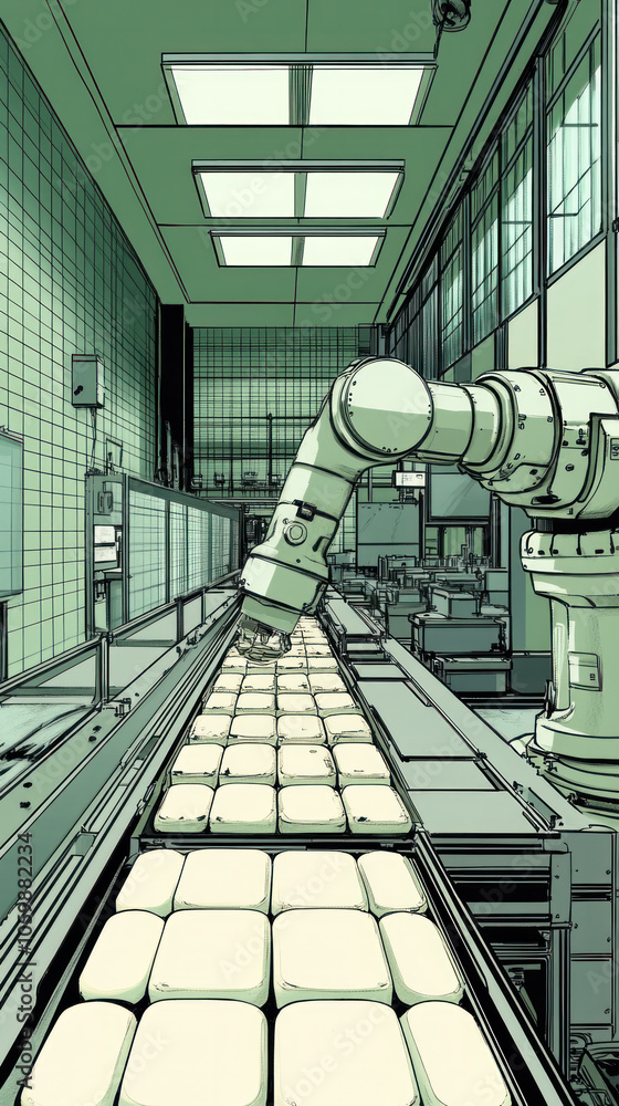 Poster a robot is working in a factory. the robot is in the middle of a conveyor belt
