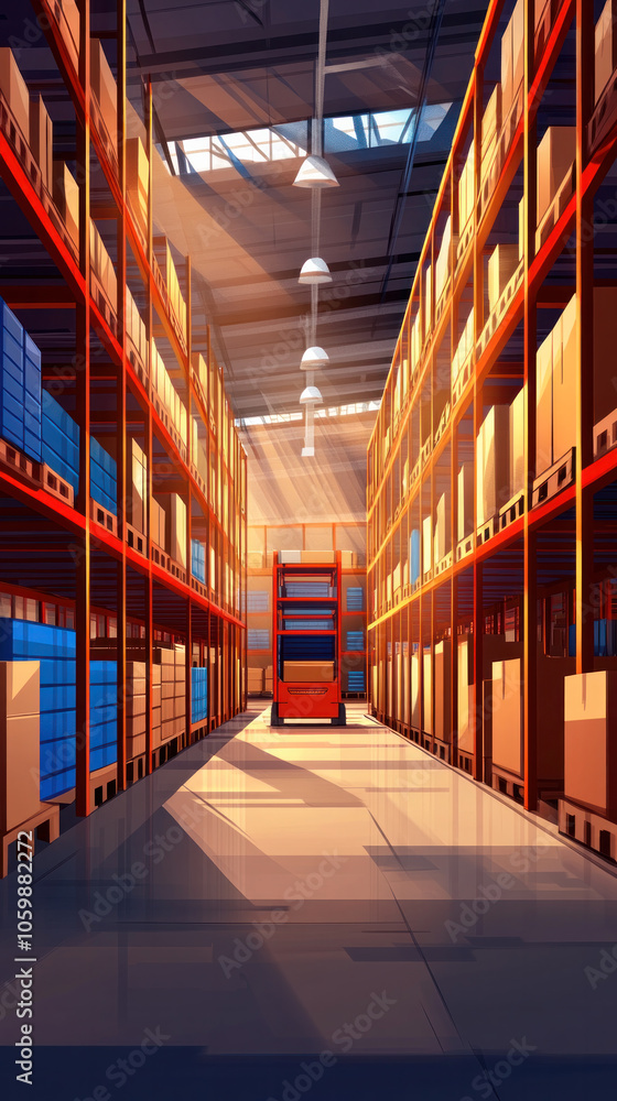 Poster a warehouse with a red forklift in the middle of the aisle. the warehouse is empty and the forklift 