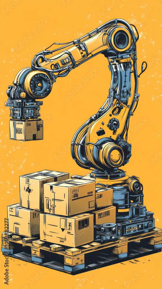 Poster a robot is lifting boxes off a pallet. the robot is yellow and blue. the boxes are stacked on top of