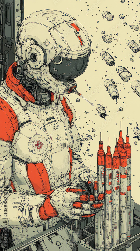 Poster a man in a white and orange suit holding a red object. the image is of a futuristic space scene with