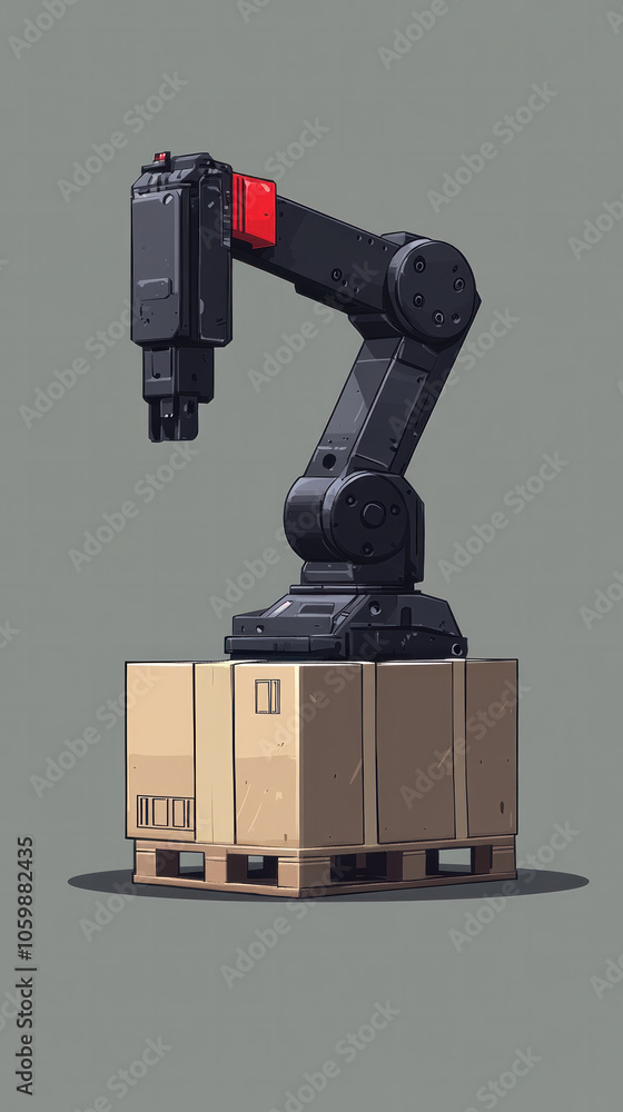 Poster a robot is standing next to a cardboard box. the robot is black and red. the robot is not moving