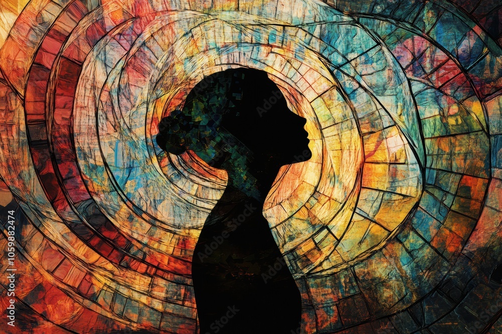 Poster a striking silhouette of a person stands against a backdrop of swirling, colorful patterns, creating