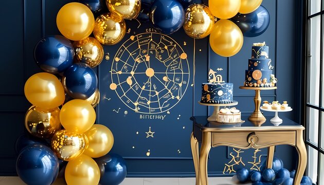 Stunning astrological birthday celebration with elegant decorations and celestial themes featuring festive balloons and a beautifully themed cake displayed in a luxurious setting