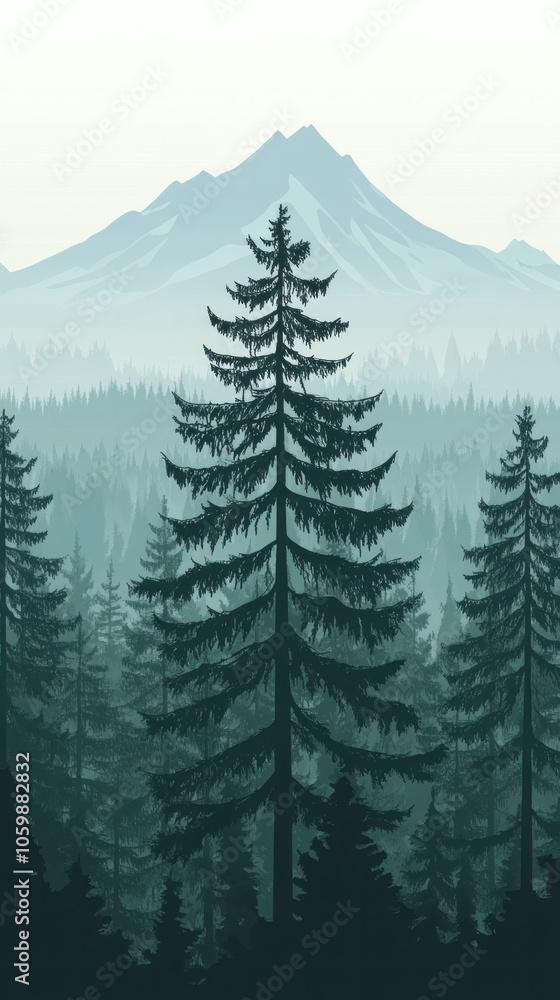 Poster a tall pine tree stands in a forest with mountains in the background. the image has a serene and pea