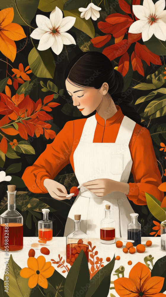 Poster a woman in an apron is preparing food on a table with many bottles and jars. the scene is set in a l
