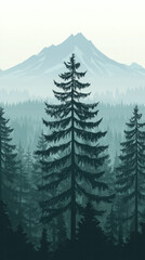 Fototapeta premium A tall pine tree stands in a forest with mountains in the background. The image has a serene and peaceful mood, evoking a sense of calm and tranquility