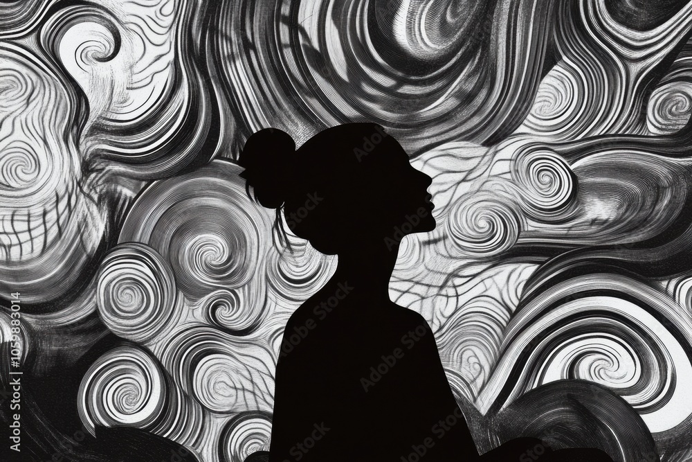 Poster a silhouetted figure sits in profile, set against a backdrop of swirling abstract patterns, capturin