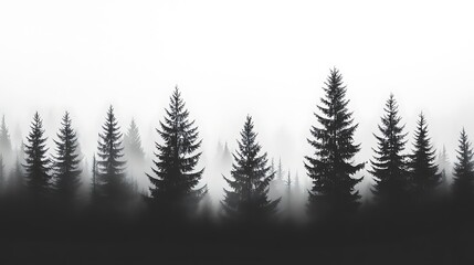 Obraz premium A misty forest silhouette with tall evergreen trees against a foggy background.
