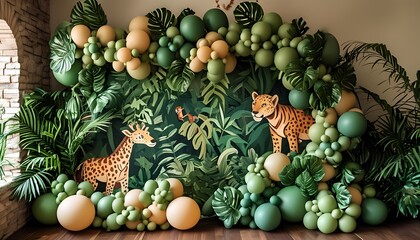 Vibrant jungle-themed balloon decor featuring playful animals surrounded by lush greenery for a festive celebration or event setting