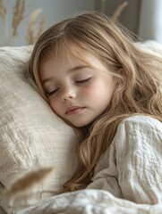 Obraz premium A serene portrait of a young girl peacefully sleeping on her bed, surrounded by soft bedding and gentle lighting, capturing the essence of tranquility and innocence.