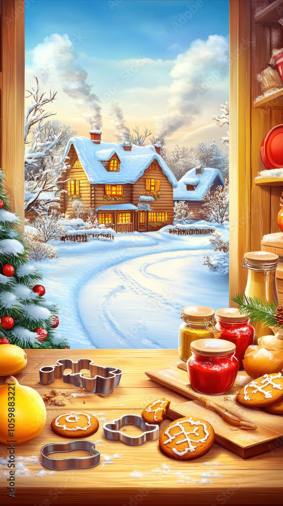 Poster a winter scene with a house and a tree. a window is open, and a kitchen table is set with cookies an