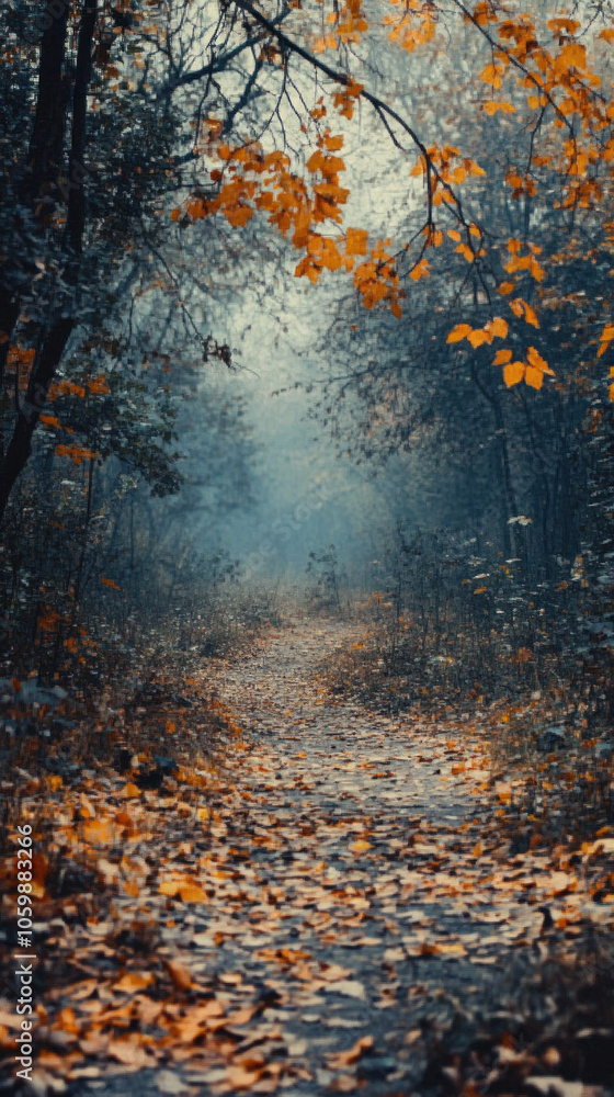 Poster a forest path with leaves on the ground. the leaves are orange and yellow. the path is empty