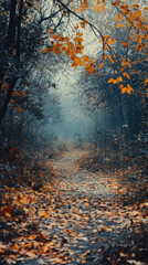 Fototapeta premium A forest path with leaves on the ground. The leaves are orange and yellow. The path is empty