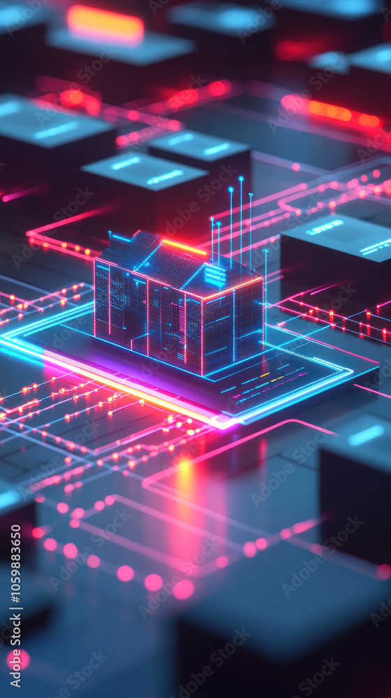 Poster a computer generated image of a city with a building in the middle. the building is lit up with neon