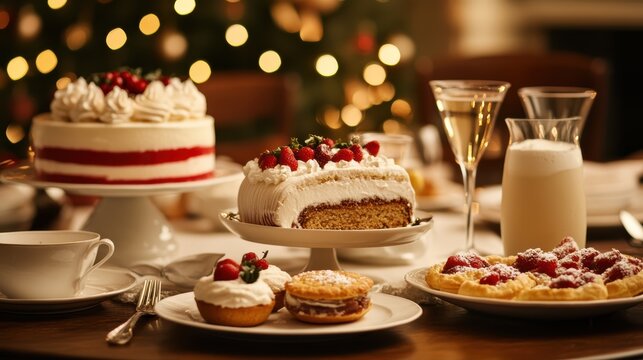 Traditional Christmas table with a selection of winter desserts like yule log cake, trifle, and mince pies