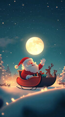 Naklejka premium A festive scene featuring Santa Claus riding a sleigh with reindeer and a full moon in the background