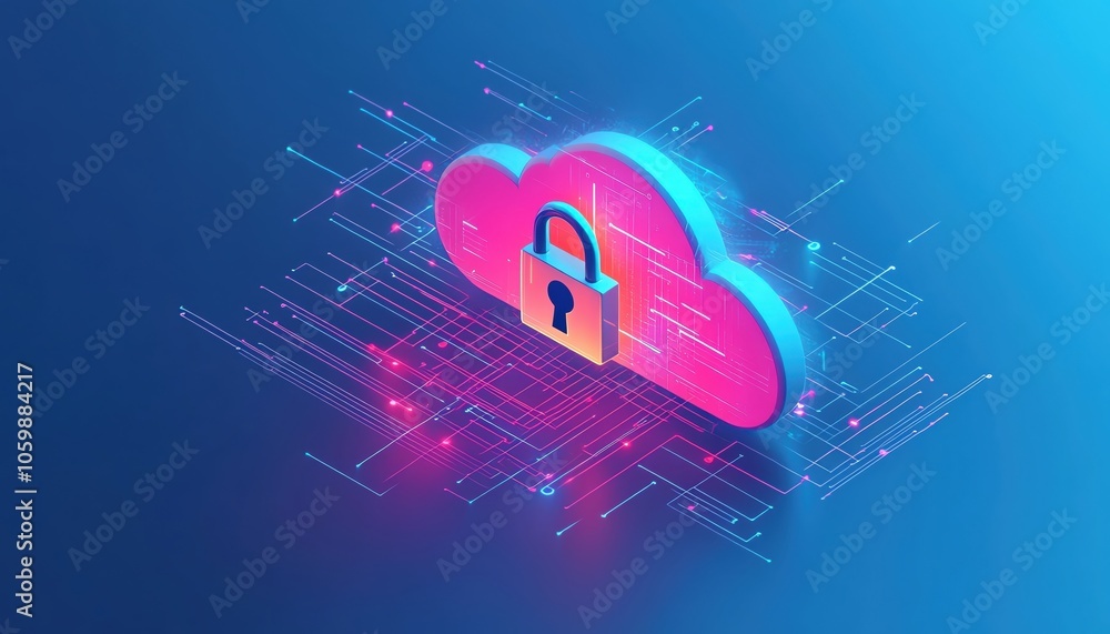 Poster colorful cloud computing with a lock, symbolizing data security and privacy in the digital age.
